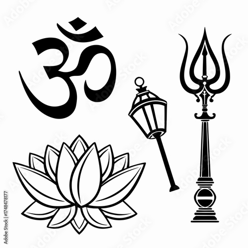 Black Hindu Om symbol lotus trident and mace vector graphics