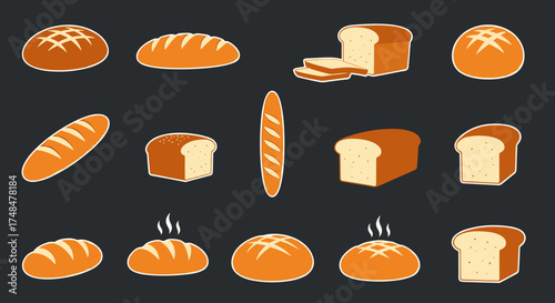 Collection of various freshly baked bread loaves and buns presented on a dark background.