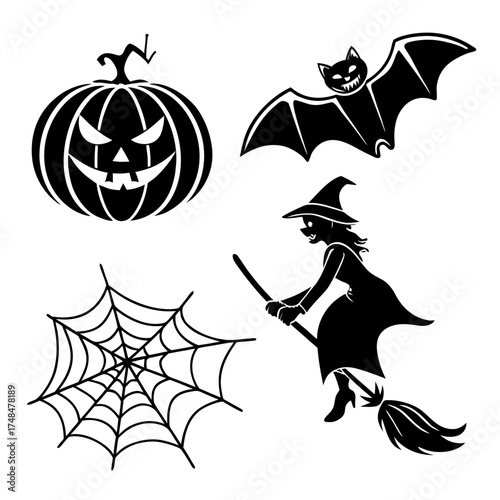 Black Halloween silhouettes of pumpkin bat witch spiderweb
