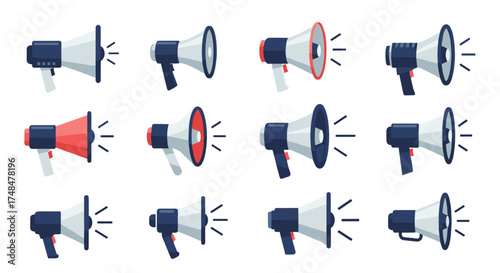 A collection of megaphones with sound waves emanating from their horns.
