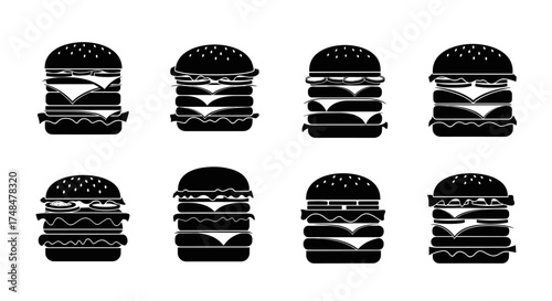 A collection of delicious layered hamburger icons in black and white showing different combinations of patties cheese and vegetables