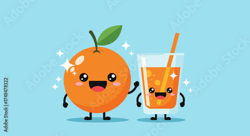 An adorable and healthy orange is posing with a refreshing glass of orange juice on a bright blue background.