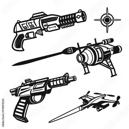 Black silhouette futuristic weapons and targeting reticle
