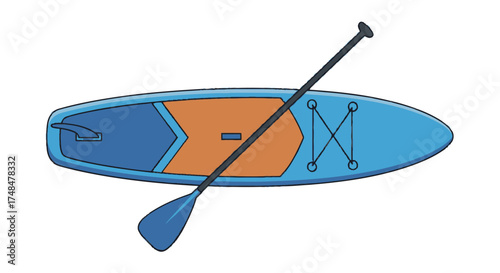 Blue and orange stand-up paddleboard with paddle top view water sport equipment.