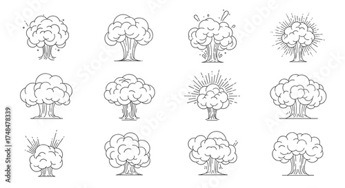 A collection of stylized explosion cloud illustrations showing a variety of detonation effects.