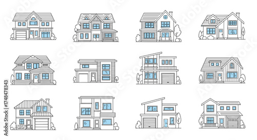 Collection of modern residential building exteriors with varying architectural designs and features.