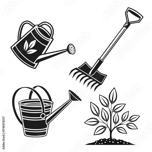 Black silhouette gardening tools and plant vector icons