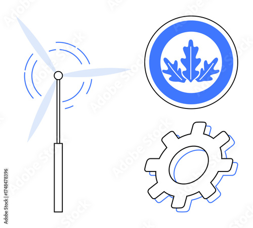 Wind turbine, gear, and oak leaf in blue circle emphasizing renewable energy, ecology, and technology. Ideal for green energy, innovation, sustainability concepts, eco projects industrial processes