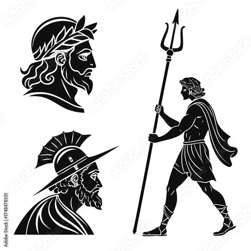 Black silhouette vector designs of greek gods zeus