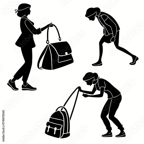 Black silhouettes of women with handbags and backpacks
