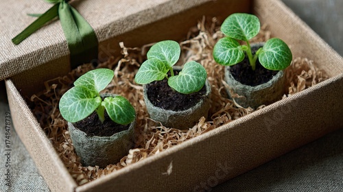 Three Green Seedlings Growing in Small Soil Pots Inside a Gift Box