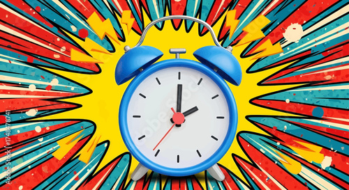 Pop art alarm clock in comic style with a colorful background, a retro design wake up concept with dynamic motion