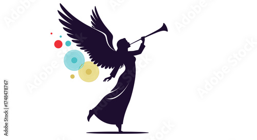 A silhouetted angel blowing a trumpet with colorful ornaments.