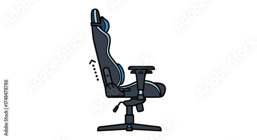 Modern Black and Blue Gaming Chair Side View with Adjustable Backrest.