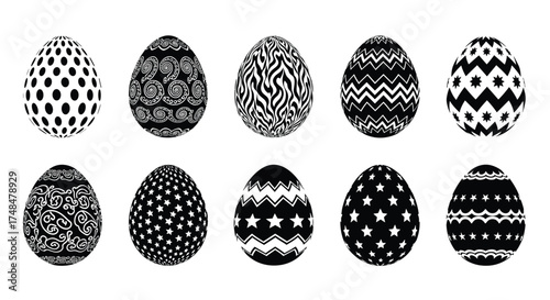 Collection of ten decorative Easter eggs with intricate patterns.