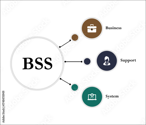 BSS - Business support system acronym. Infographic template with icons and description placeholder
