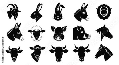 A collection of black and white animal head illustrations.