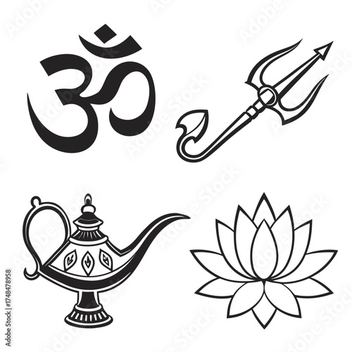 Four black Hindu religious symbols on white background