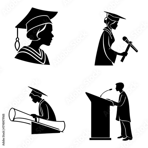 Four black silhouette graduation scenes graduate gown