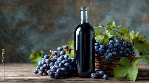 Dark Grape Juice Bottle with Fresh Purple Grapes and Green Leaves on Rustic Wooden Surface