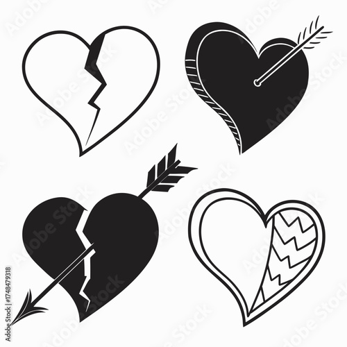 Four black silhouette heart designs with arrows and cracks