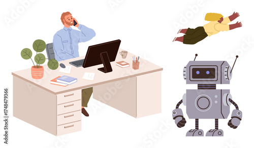 Man at desk on phone, surrounded by a potted plant, documents, robot, dreaming of flying. Ideal for work-life balance, automation, productivity, technology aspiration creativity simple flat