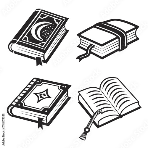 Four black silhouette holy book vector designs religion