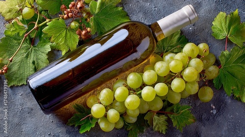 Glass Wine Bottle with Green Grapes and Vine Leaves on Dark Surface