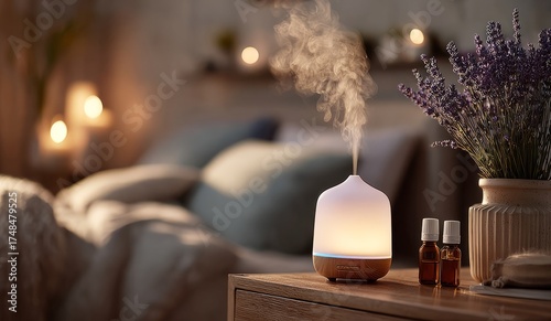 Aromatherapy diffuser releasing essential oil steam in bedroom