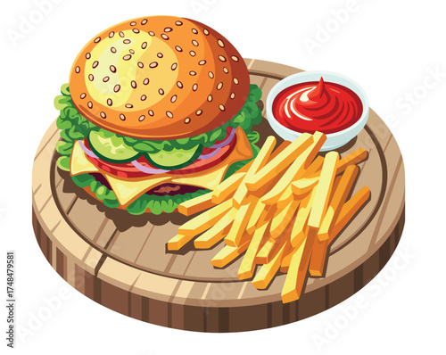 Classic beef burger served in a set with fries. Vector illustration