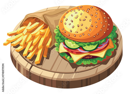Tasty burger with french fries on cutting board. Vector illustration