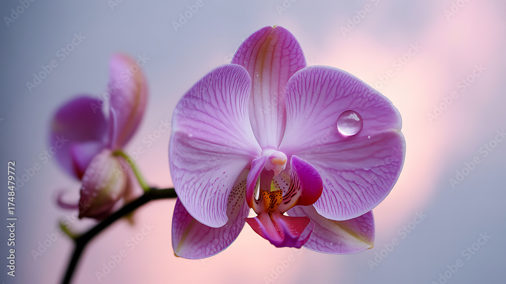 Fototapeta premium Beautiful pink orchid flower with water droplet in soft natural light