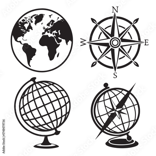 Four black silhouette vector designs of globes and compasses
