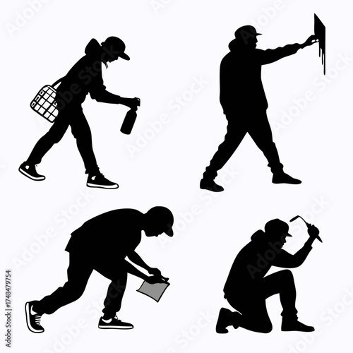 Four black silhouette vector designs of graffiti artists 1