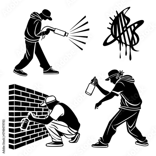 Four black silhouette vector designs of graffiti artists