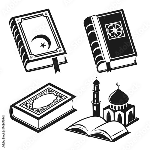 Four black silhouette vector designs of holy books and mosque