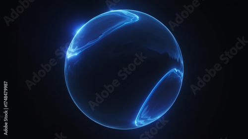 Abstract glowing blue sphere with energy swirls and light effects on a dark background, futuristic concept