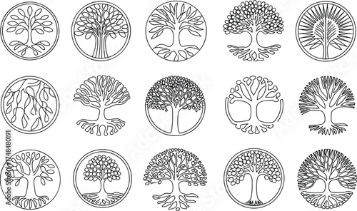 Collection of circular tree of life line art icons, minimalist black and white botanical symbols representing growth, balance, harmony, and nature