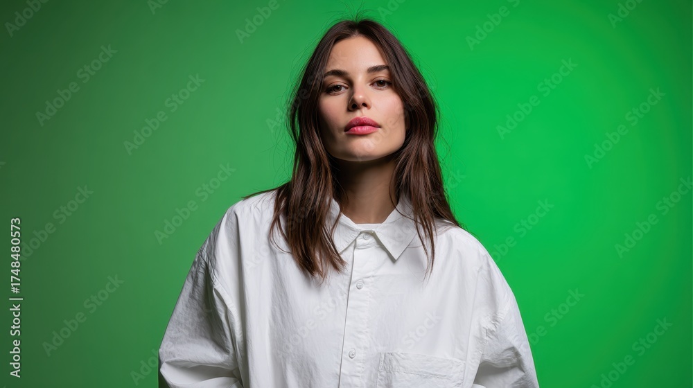 Fototapeta premium Young brunette woman looking at camera with a confident expression, standing in an isolated studio on a vibrant green background, wearing an oversized white shirt