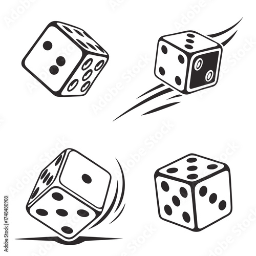 Four black silhouette dice rolling and tumbling gambling