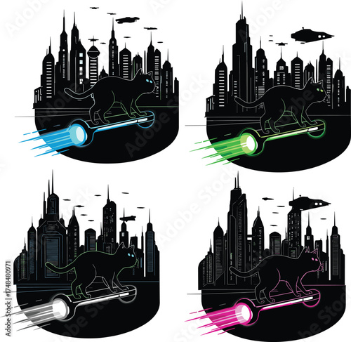 Cat riding hoverboard in futuristic city with flying saucer, neon trail variations, sci-fi animal silhouette set, imaginative concept illustration