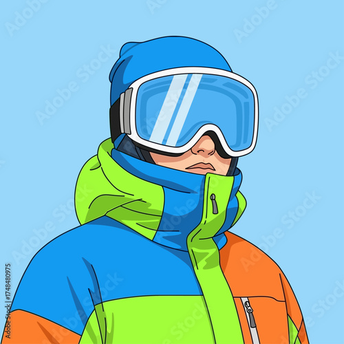 Illustrated portrait of a person wearing a colorful ski jacket, blue beanie, and large snow goggles.