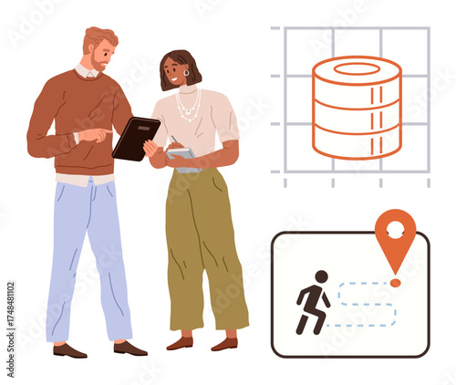 Professionals collaborate using devices for data strategy. Chart, database, and map illustrate analytics, navigation. Ideal for teamwork, collaboration, data analysis, strategy technology planning