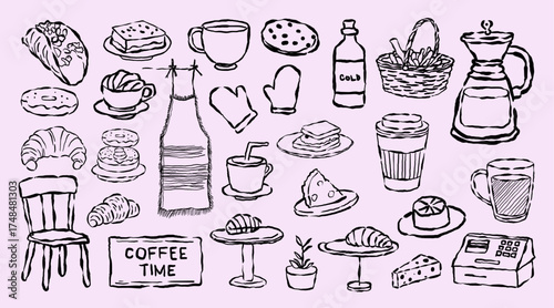 Hand drawn-coffee-club-tee-spices-sweet-bakery-fast food-doodles-vector-illustation