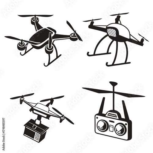 Four black silhouette vector designs of drones and remote control