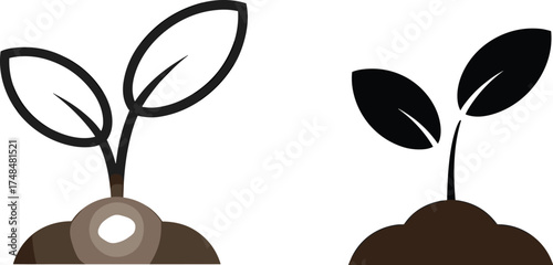 Minimalist plant icon with soil, black and white vector illustration symbolizing growth, sustainability, ecology, organic farming, and environmental awareness