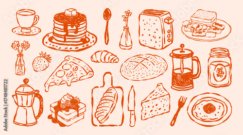 Hand drawn breakfast time vector design.  Morning time artwork, Fresh start your day. poster and others. Breakfast club.