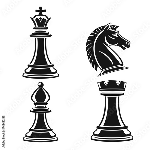 Black silhouette vector chess pieces king knight bishop rook