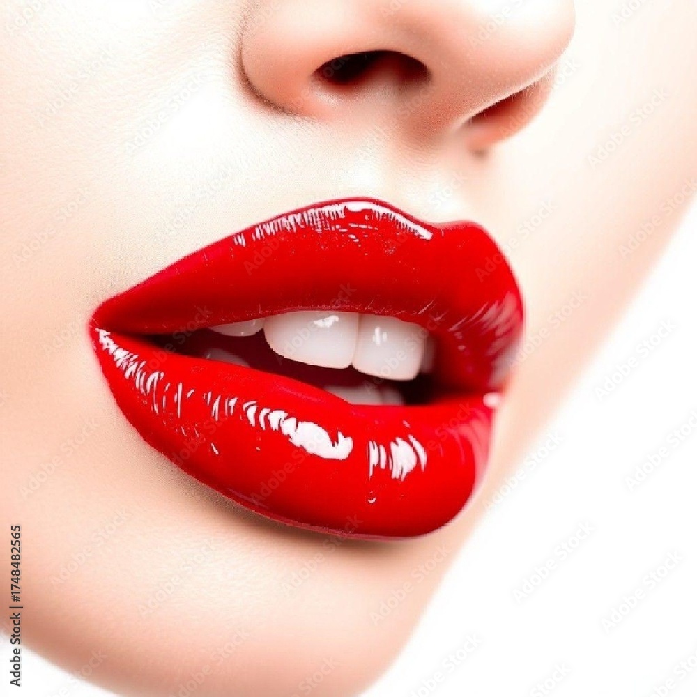 Fototapeta premium Glossy red lips and lipstick application – beauty closeups for cosmetic branding. AI generated. 