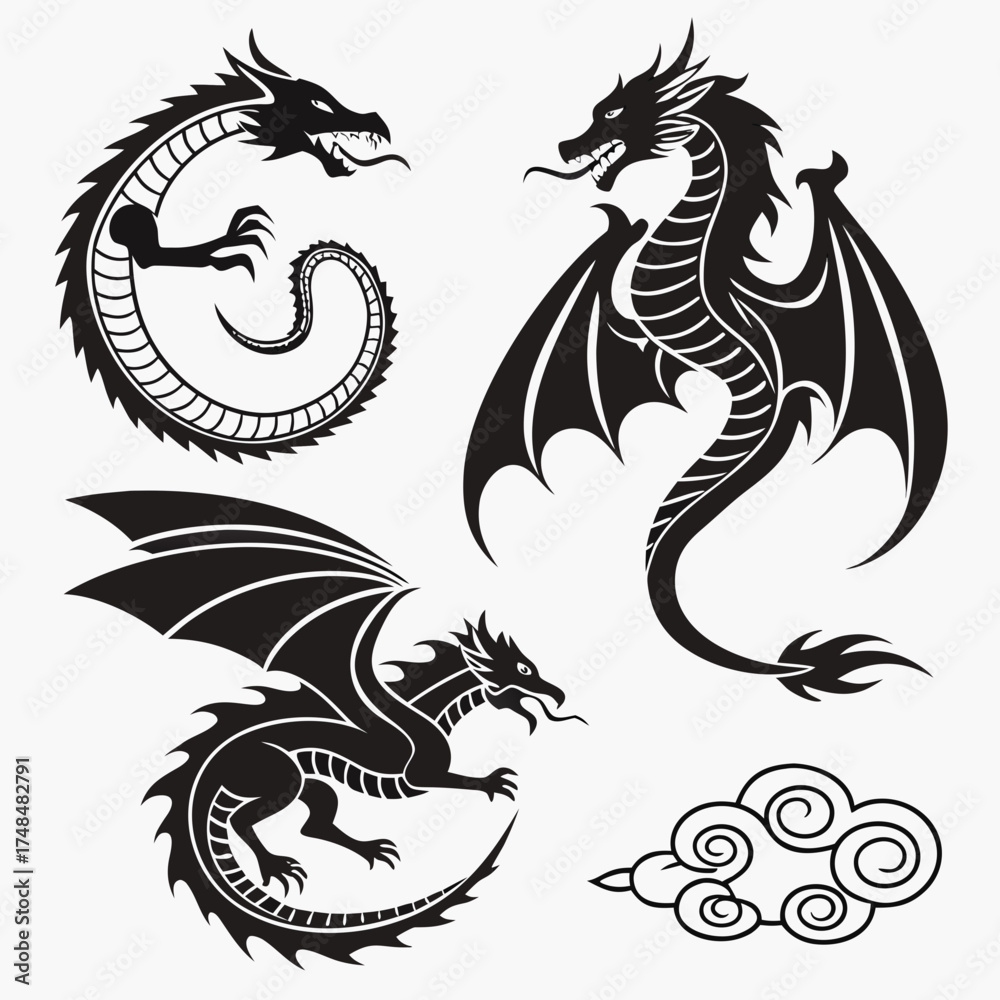 Naklejka premium Four black silhouette vector designs of Chinese dragons and cloud